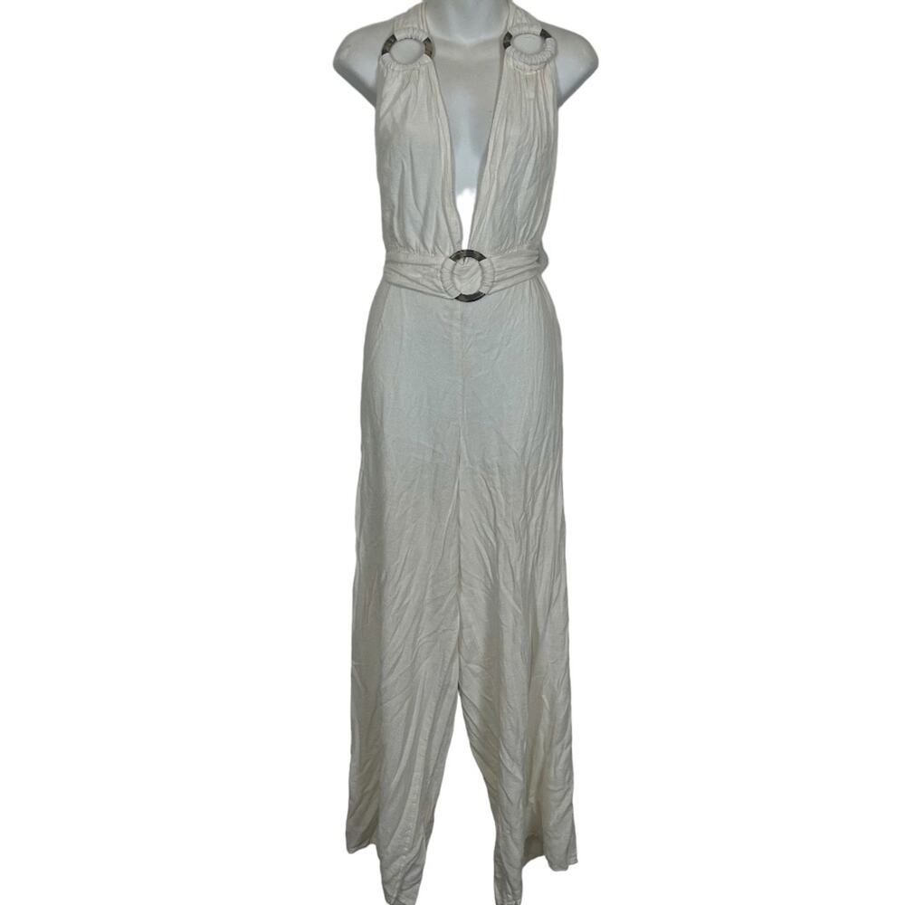 Asos Design Women's White Deep V-Neck Flax Jumpsuit Wide Leg Open Back Pants 8